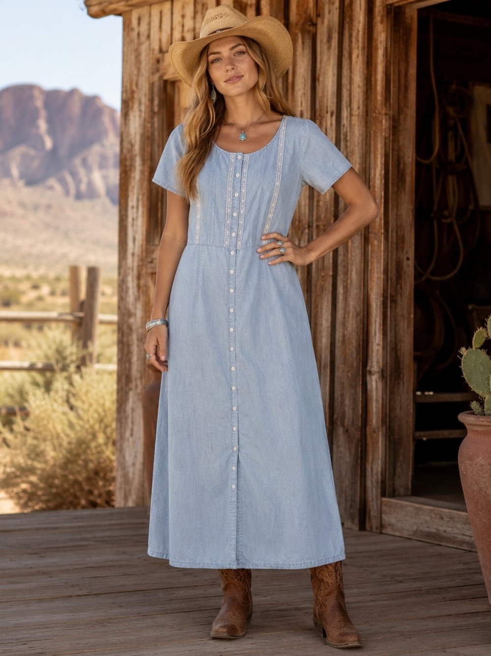 Vintage 90s Y2K Eddie Bauer Petite S Chambray Button Front Midi Maxi Dress